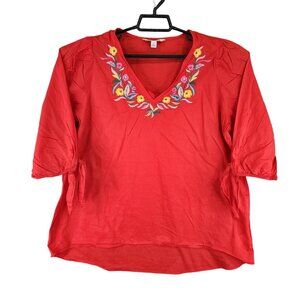 The Pioneer Woman Red Embroidered Blouse Top V Neck 3/4 Sleeves & Tie Size L